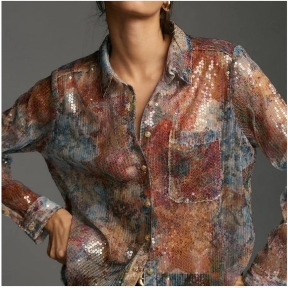 Anthropologie Tops - Anthropologie Pilcro Shrunken Sequin Buttondown Shirt